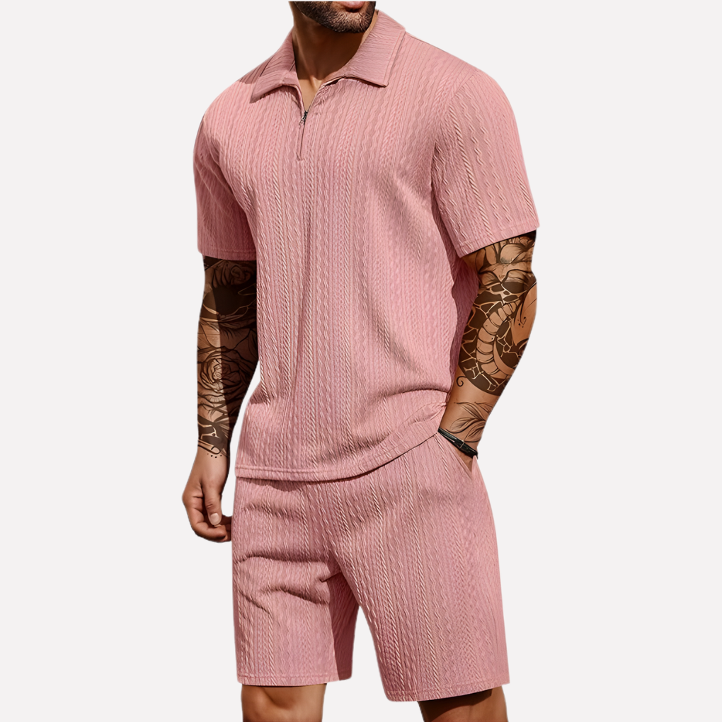 Wearclo | Men's Textured Polo Shirt & Shorts Set