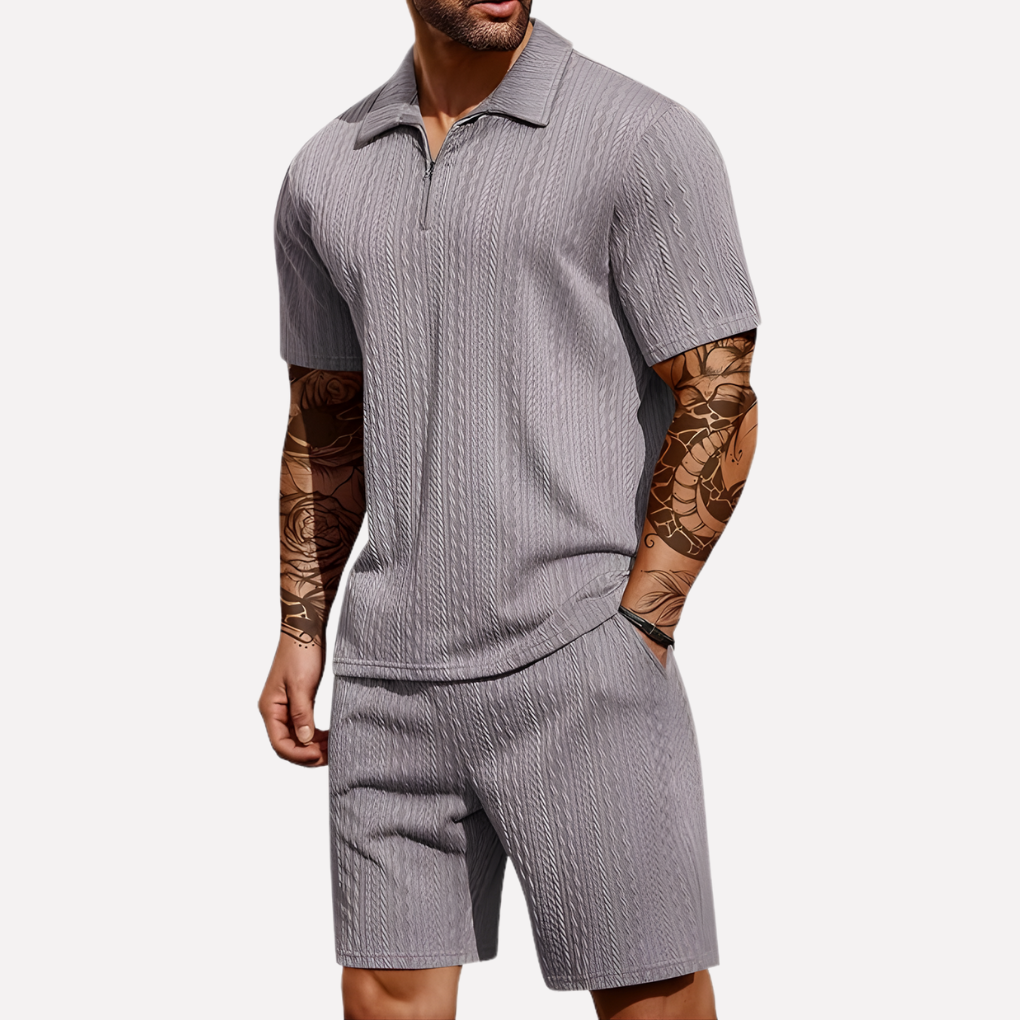 Wearclo | Men's Textured Polo Shirt & Shorts Set