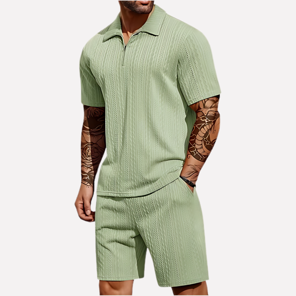 Wearclo | Men's Textured Polo Shirt & Shorts Set