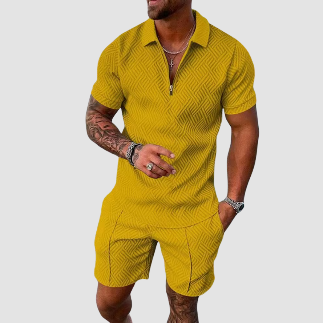 Wearclo | Men's Zip Polo Shirt & Shorts Set Textured