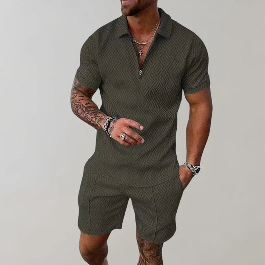 Wearclo | Men's Zip Polo Shirt & Shorts Set Textured