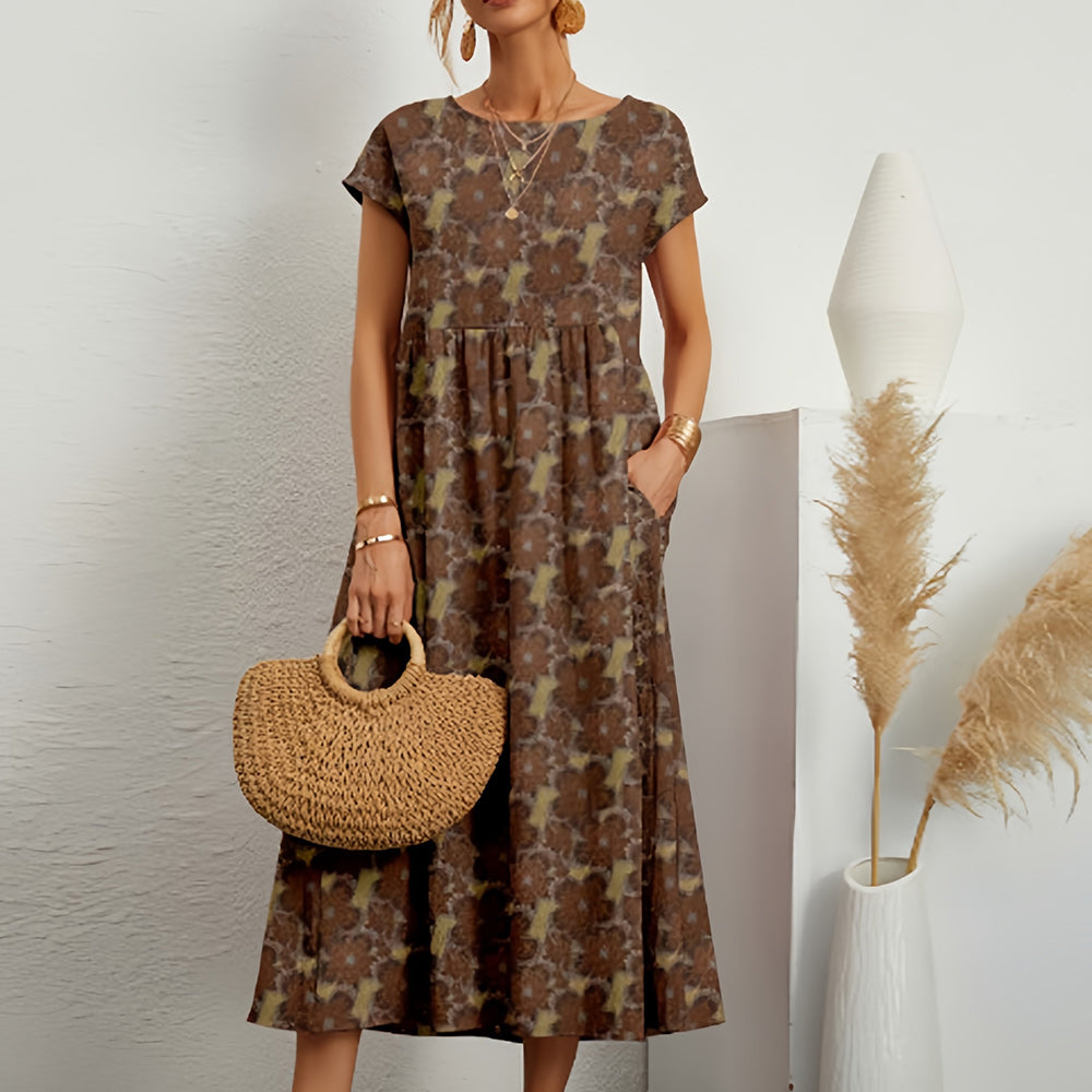 Wearclo | Short-Sleeved, Loose-Fitting Midi Dress with Round Neckline