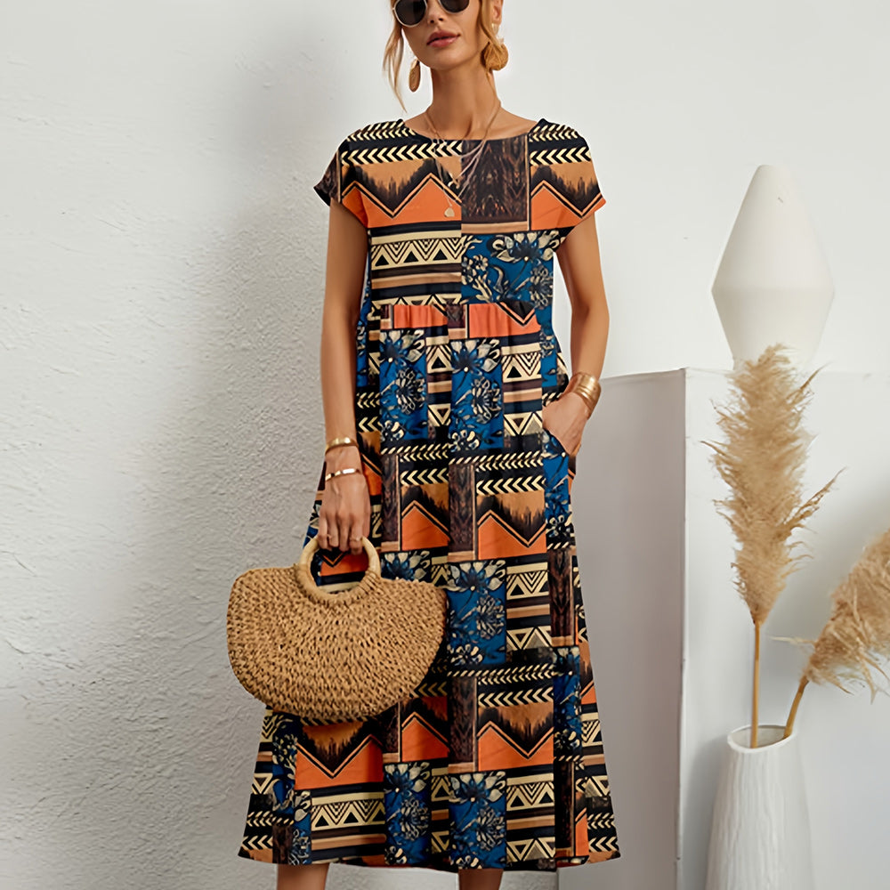 Wearclo | Short-Sleeved, Loose-Fitting Midi Dress with Round Neckline