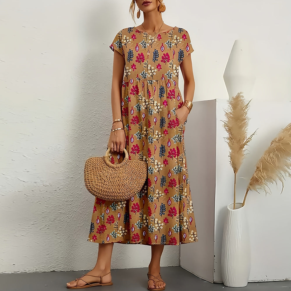 Wearclo | Short-Sleeved, Loose-Fitting Midi Dress with Round Neckline