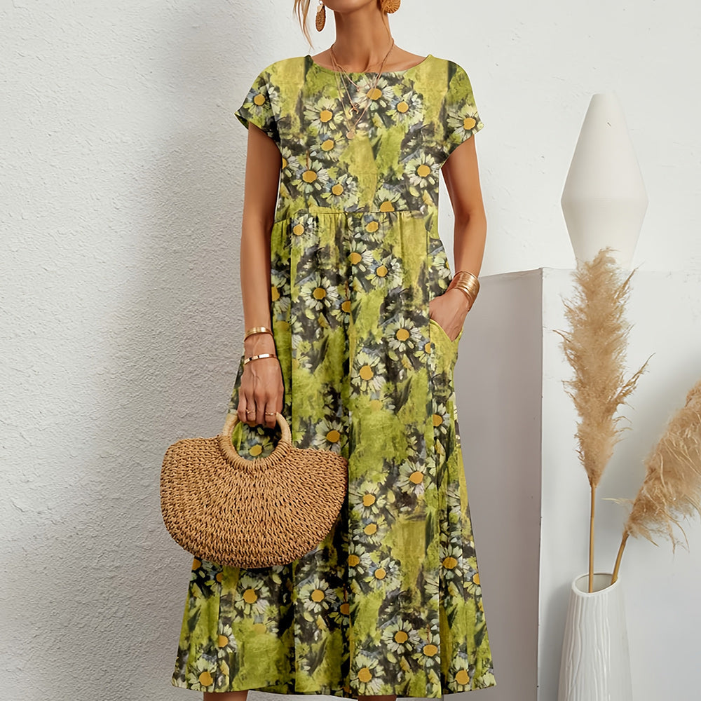 Wearclo | Short-Sleeved, Loose-Fitting Midi Dress with Round Neckline