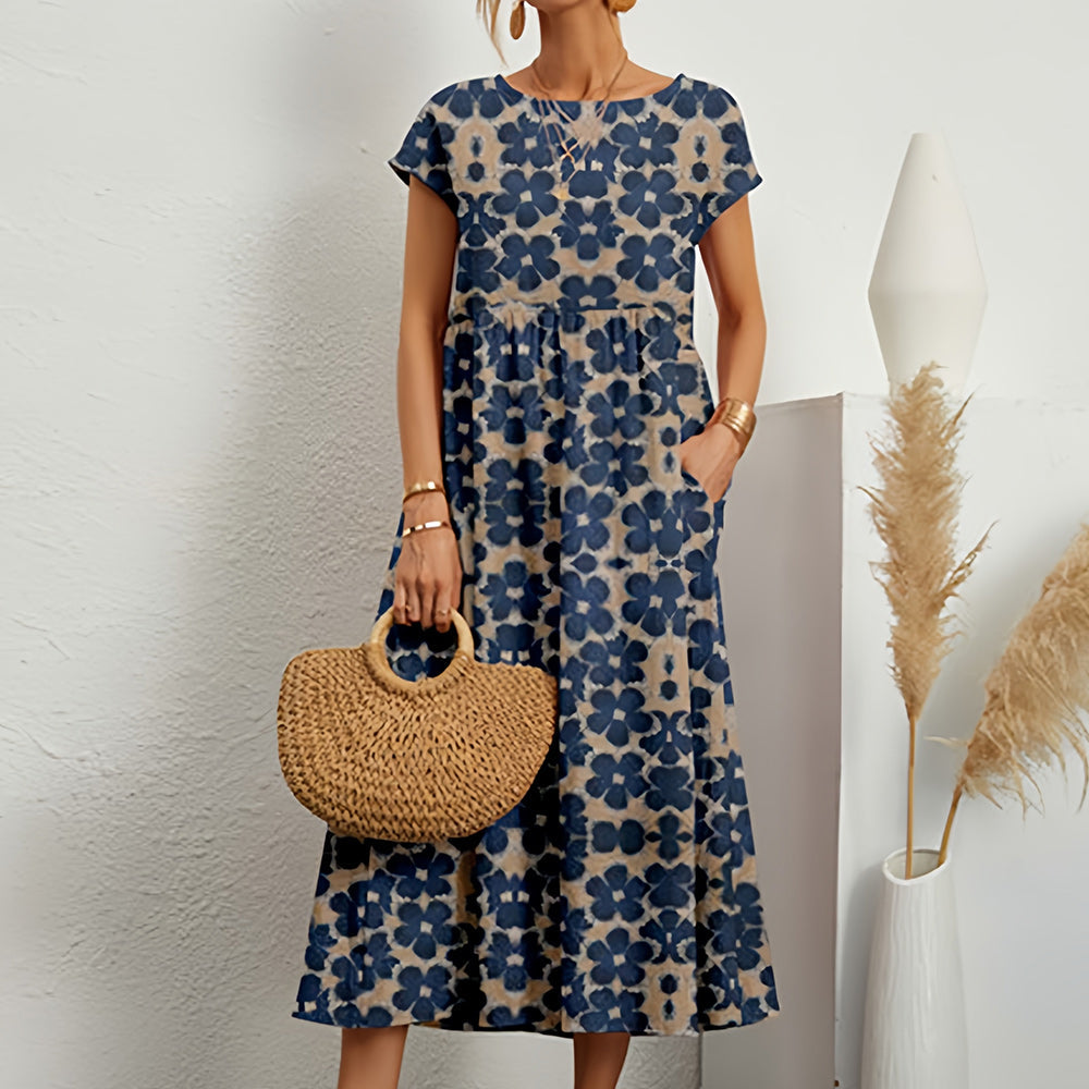 Wearclo | Short-Sleeved, Loose-Fitting Midi Dress with Round Neckline