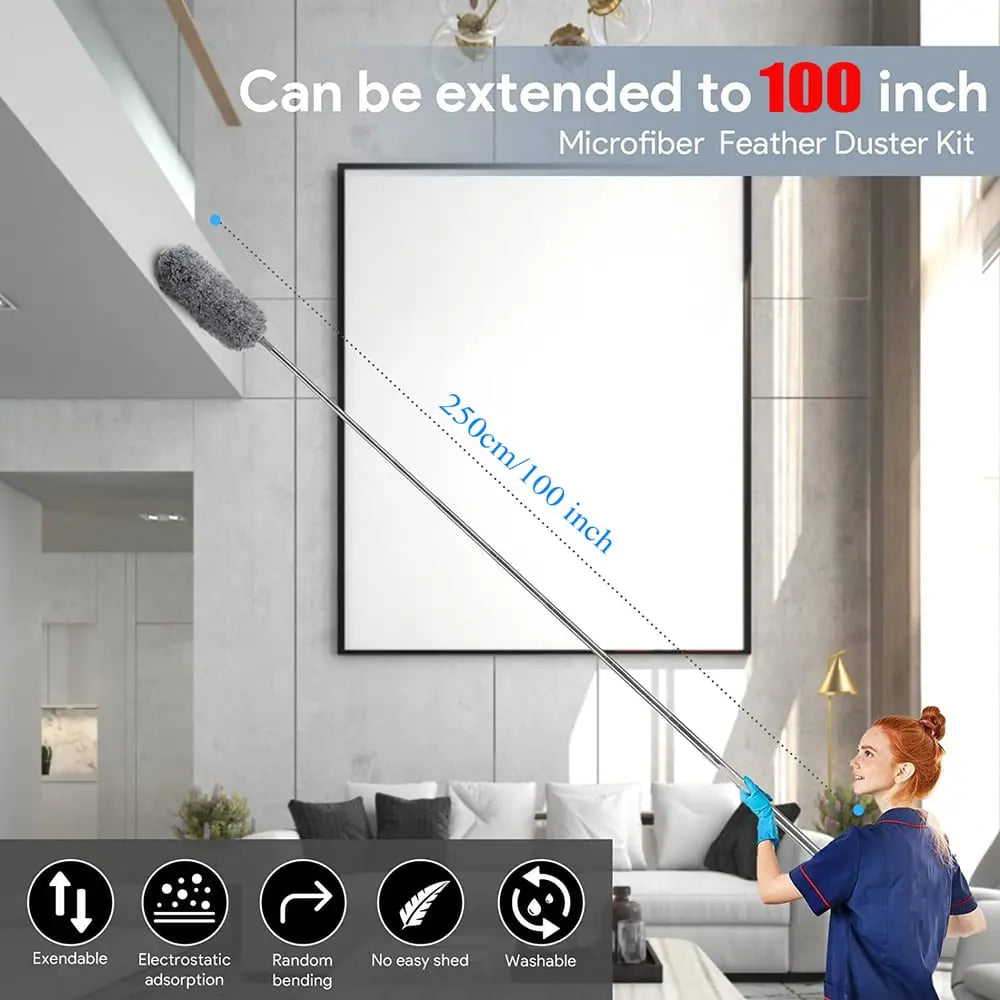 Wearclo | Telescopic dust duster with extra long microfiber head (Free 3 replacement cleaning heads)