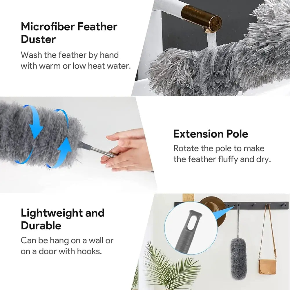 Wearclo | Telescopic dust duster with extra long microfiber head (Free 3 replacement cleaning heads)
