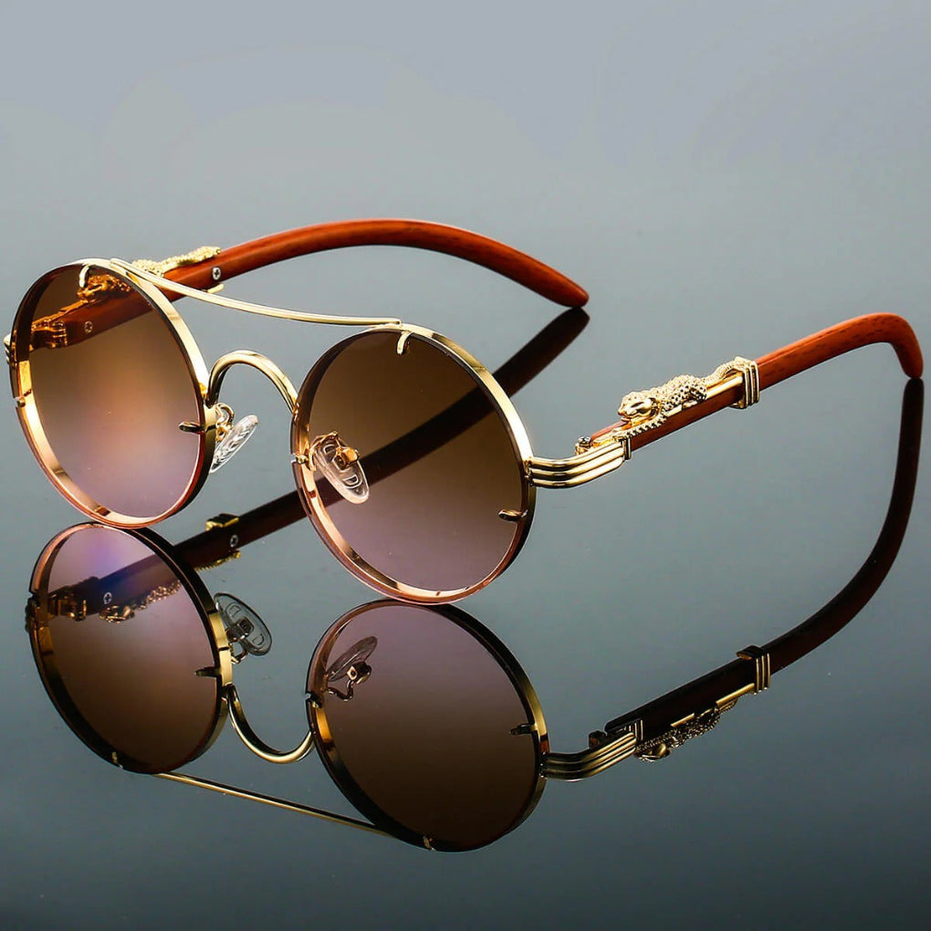Wearclo | Unisex Round Double Bridge Sunglasses with Leopard Detail
