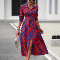 Belted Leaf Print Midi Shirt Dress