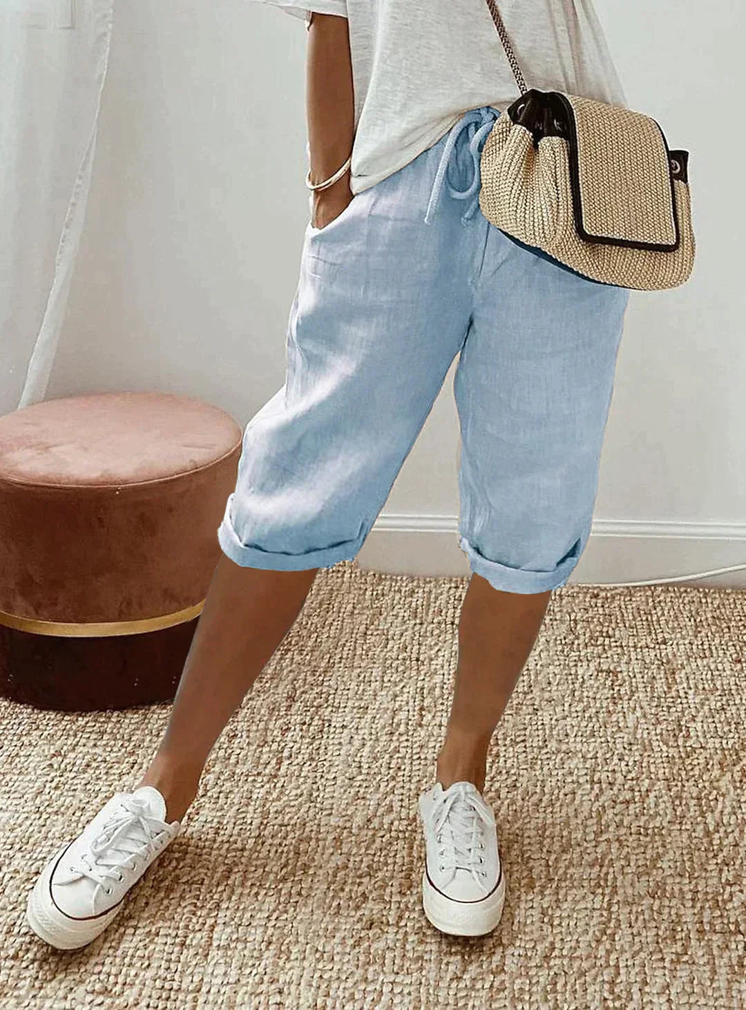 Wearclo | Women's Cropped Linen Pants with Drawstring