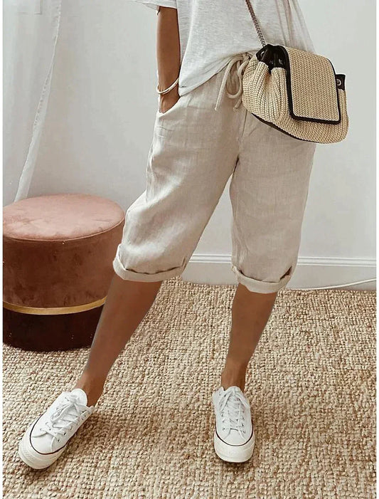Wearclo | Women's Cropped Linen Pants with Drawstring
