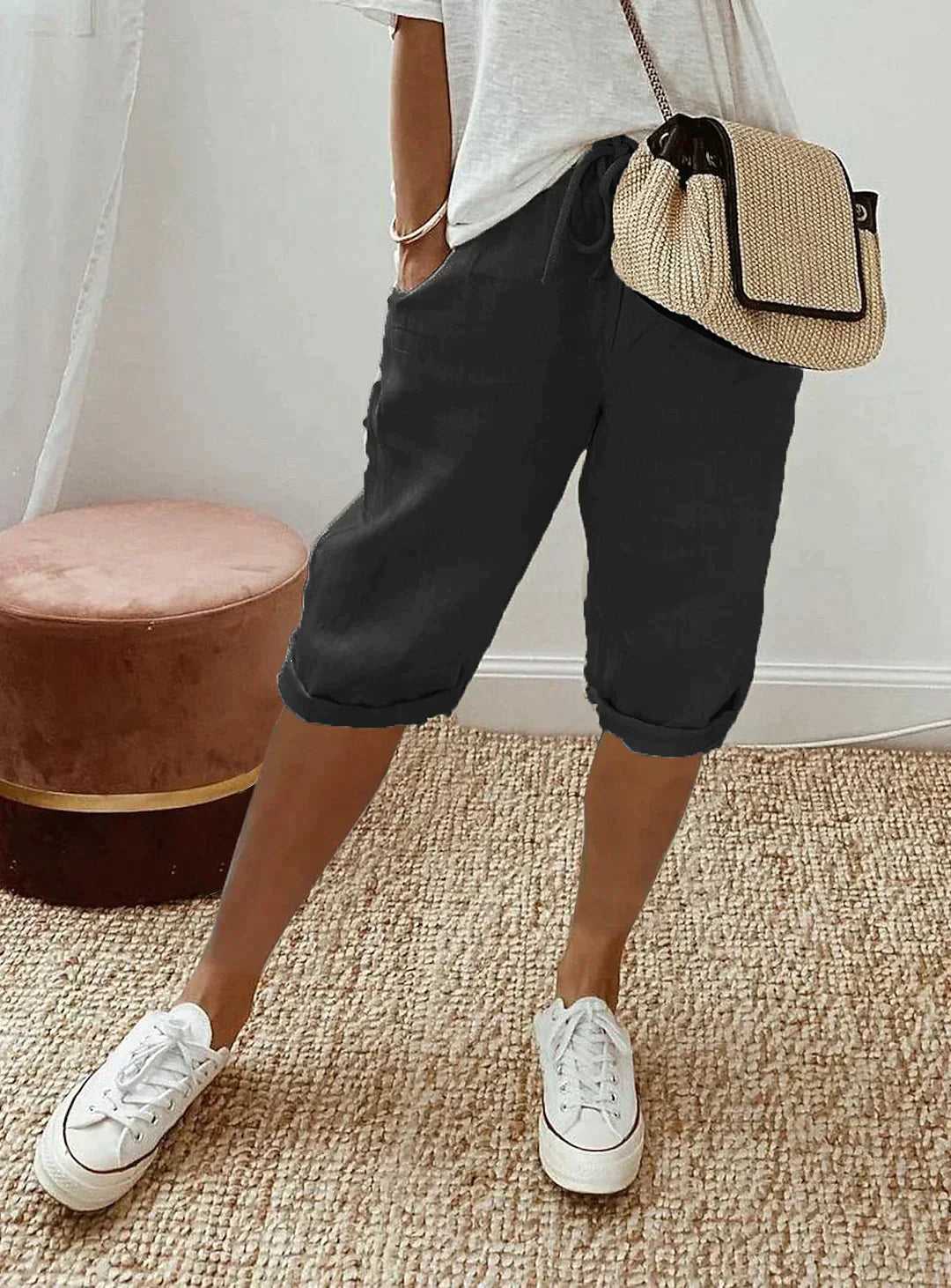 Wearclo | Women's Cropped Linen Pants with Drawstring