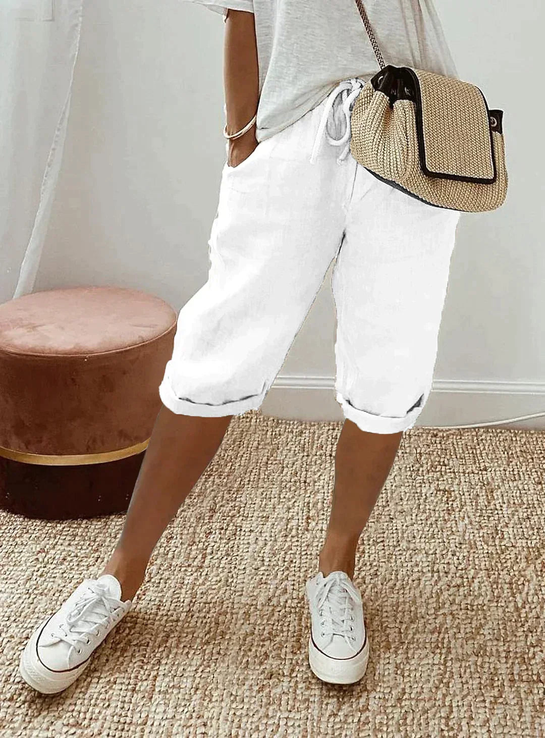 Wearclo | Women's Cropped Linen Pants with Drawstring