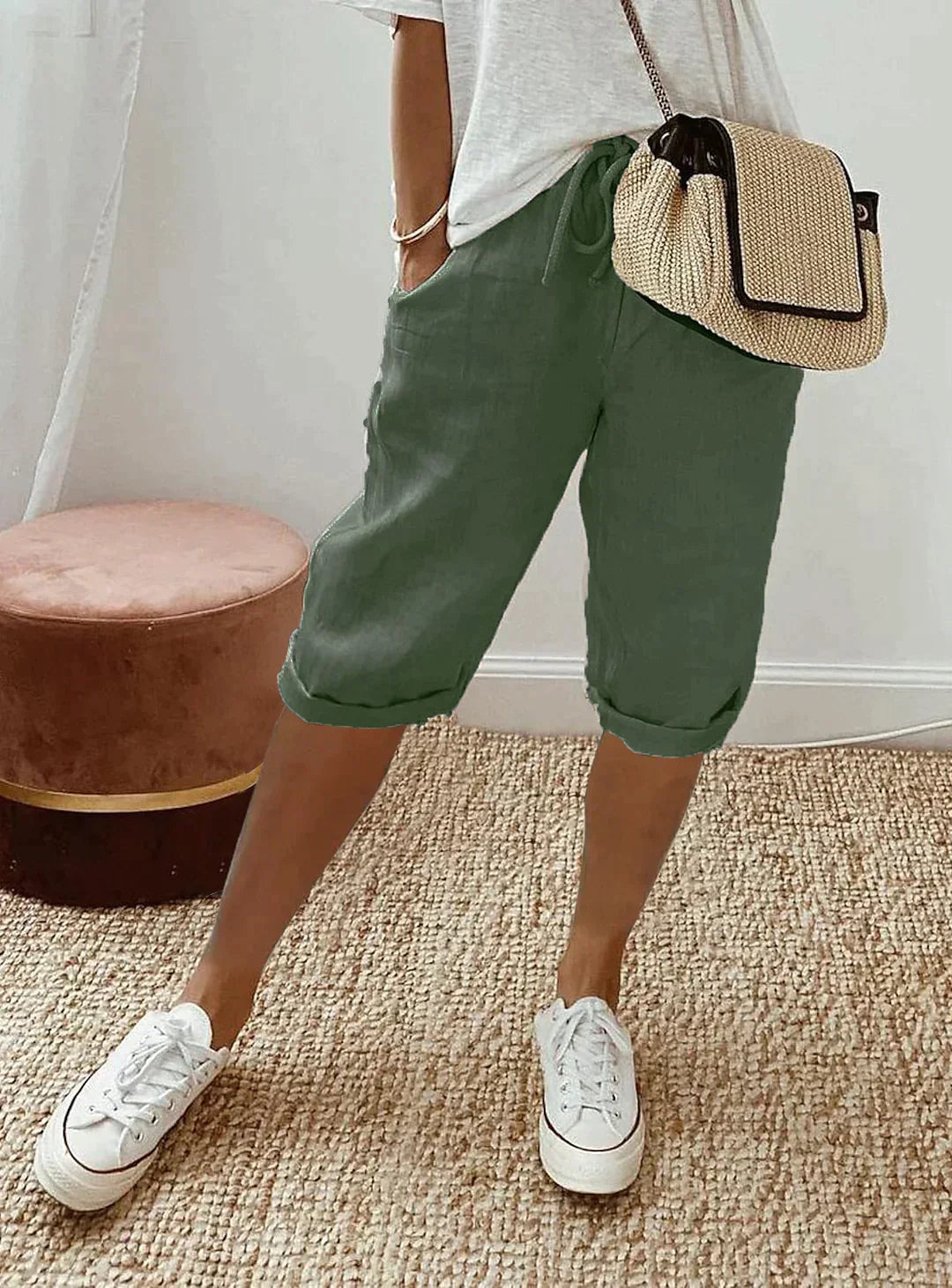Wearclo | Women's Cropped Linen Pants with Drawstring