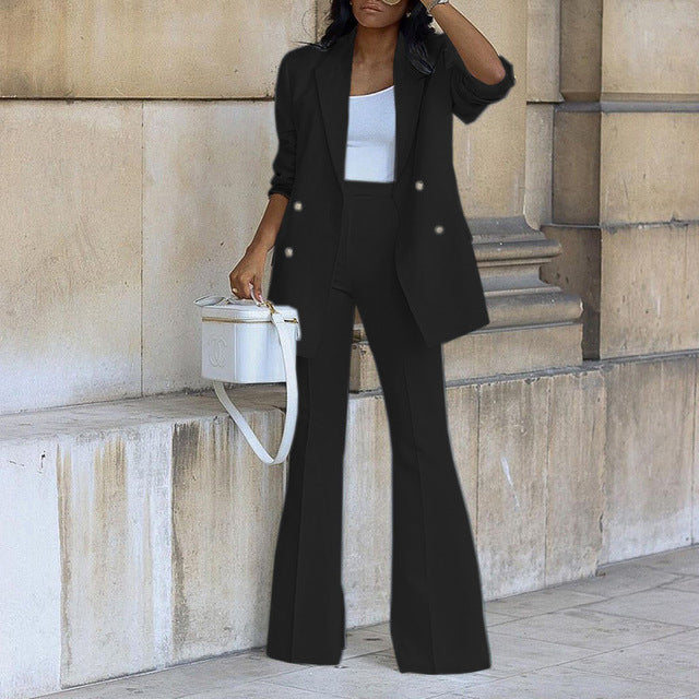 Wearclo | Women's Double-Breasted Blazer & Flared Trouser Set