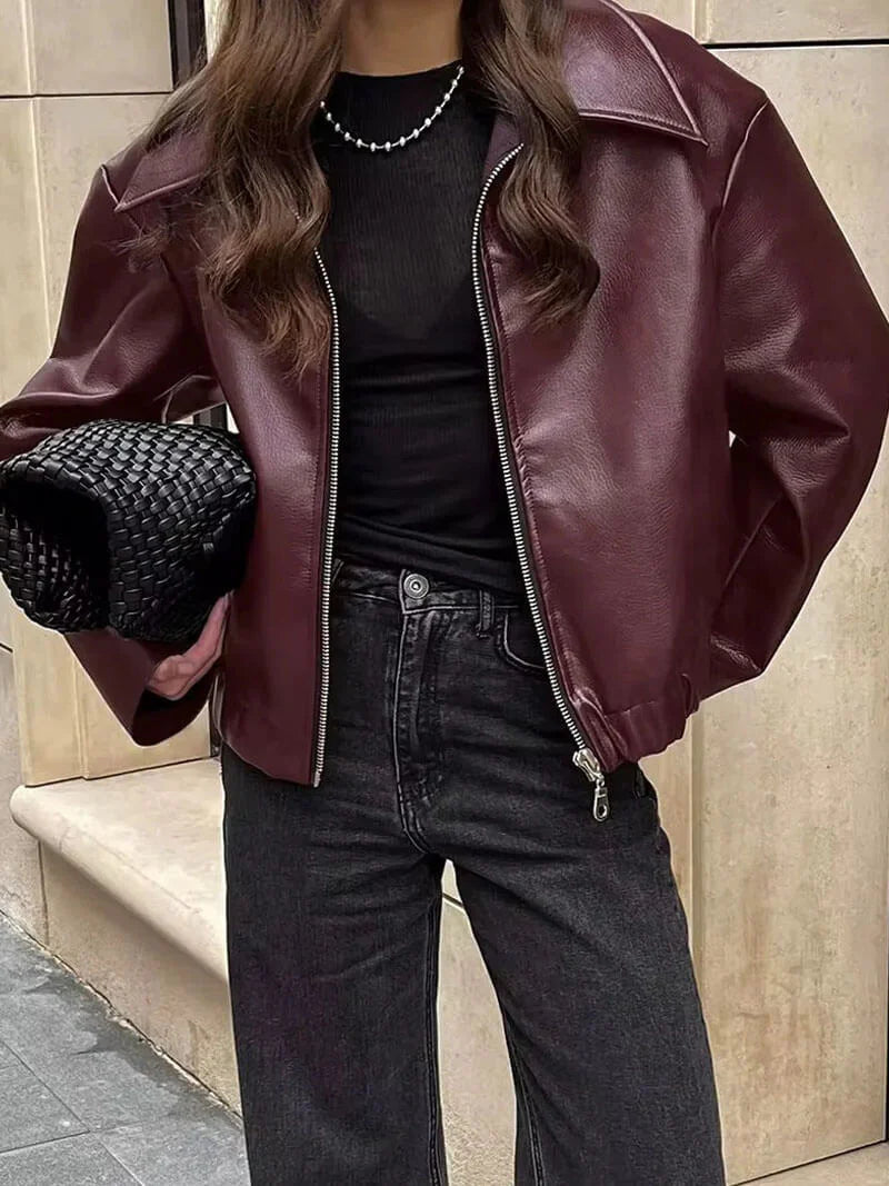 Wearclo | Women's Faux Leather Bomber Jacket with Zip Detail