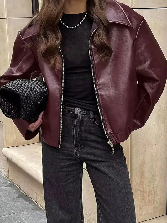 Wearclo | Women's Faux Leather Bomber Jacket with Zip Detail