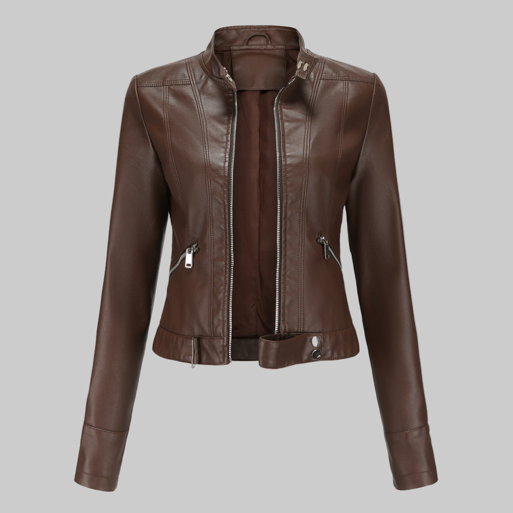 Wearclo | Women's Faux Leather Jacket with Stand Collar