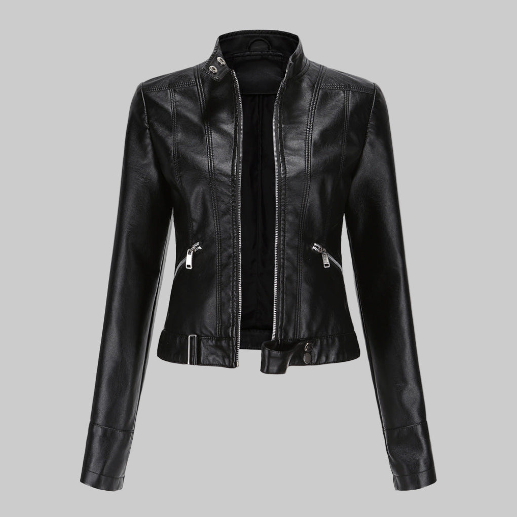 Wearclo | Women's Faux Leather Jacket with Stand Collar