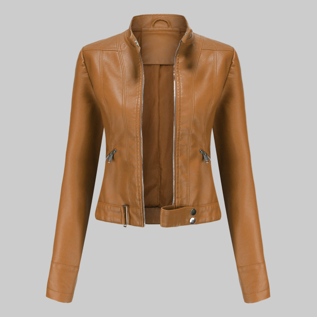 Wearclo | Women's Faux Leather Jacket with Stand Collar