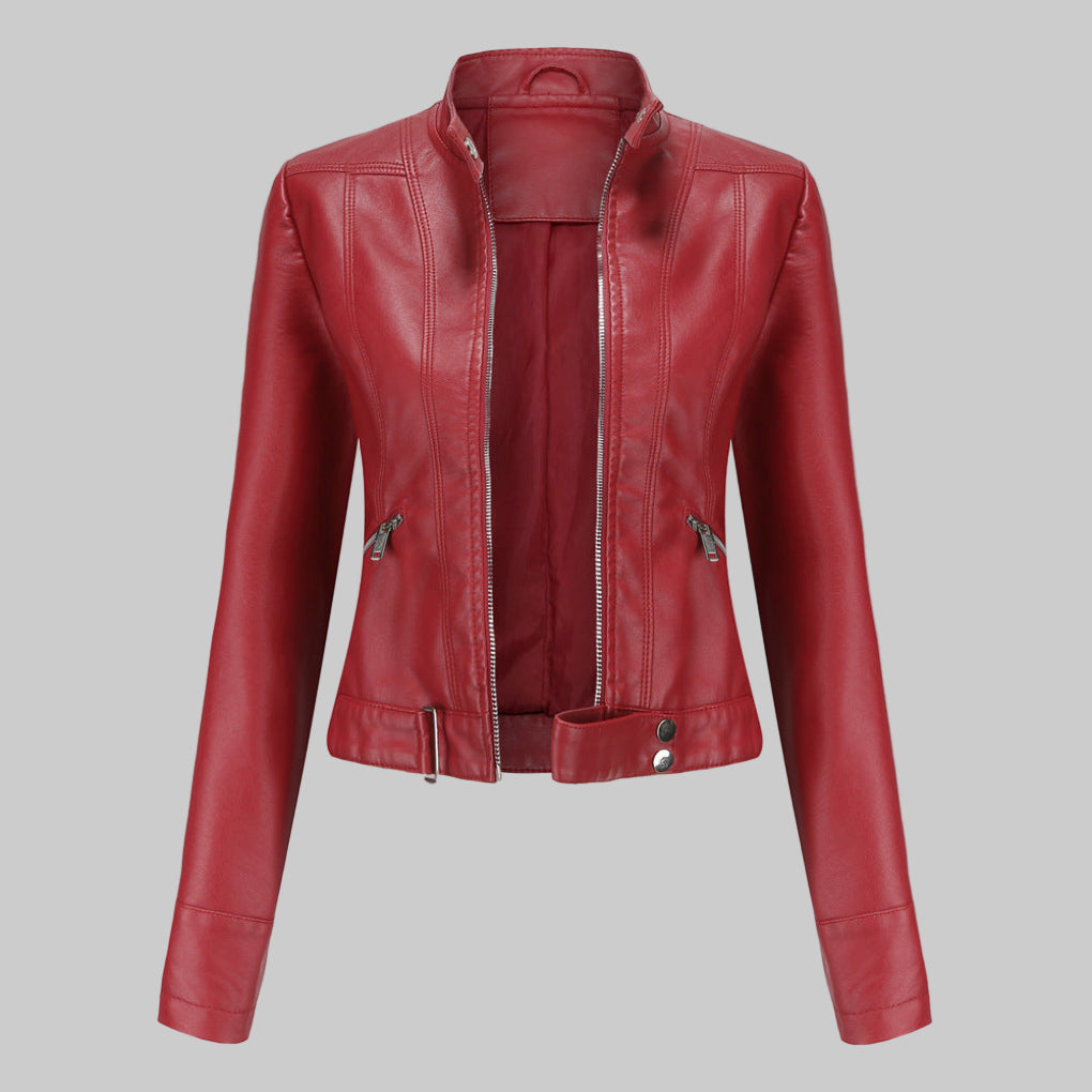 Wearclo | Women's Faux Leather Jacket with Stand Collar