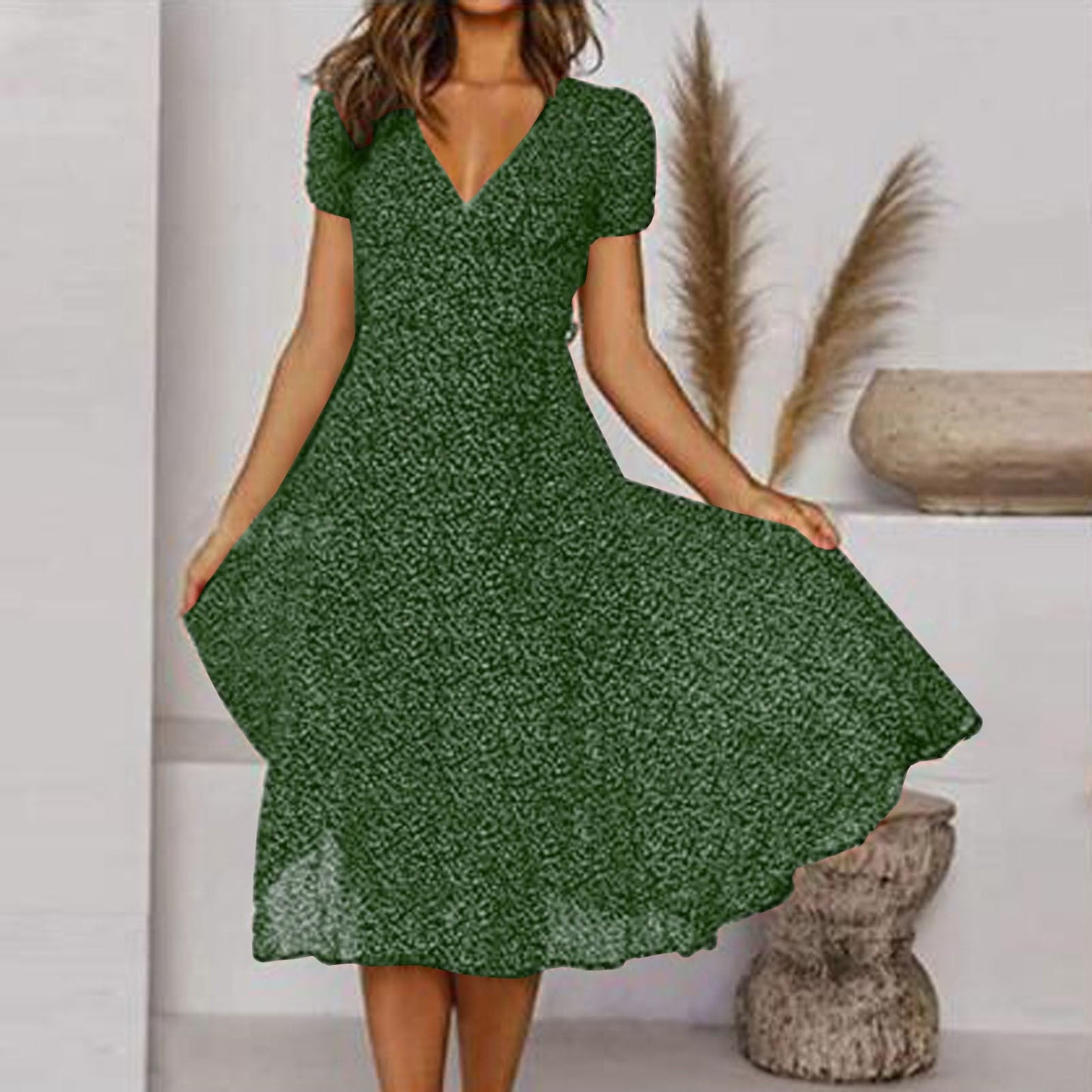 Wearclo | Women's Floral V-Neck A-Line Midi Dress