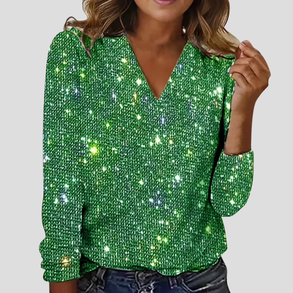 Wearclo | Women's Glitter V-Neck Long Sleeve Blouse