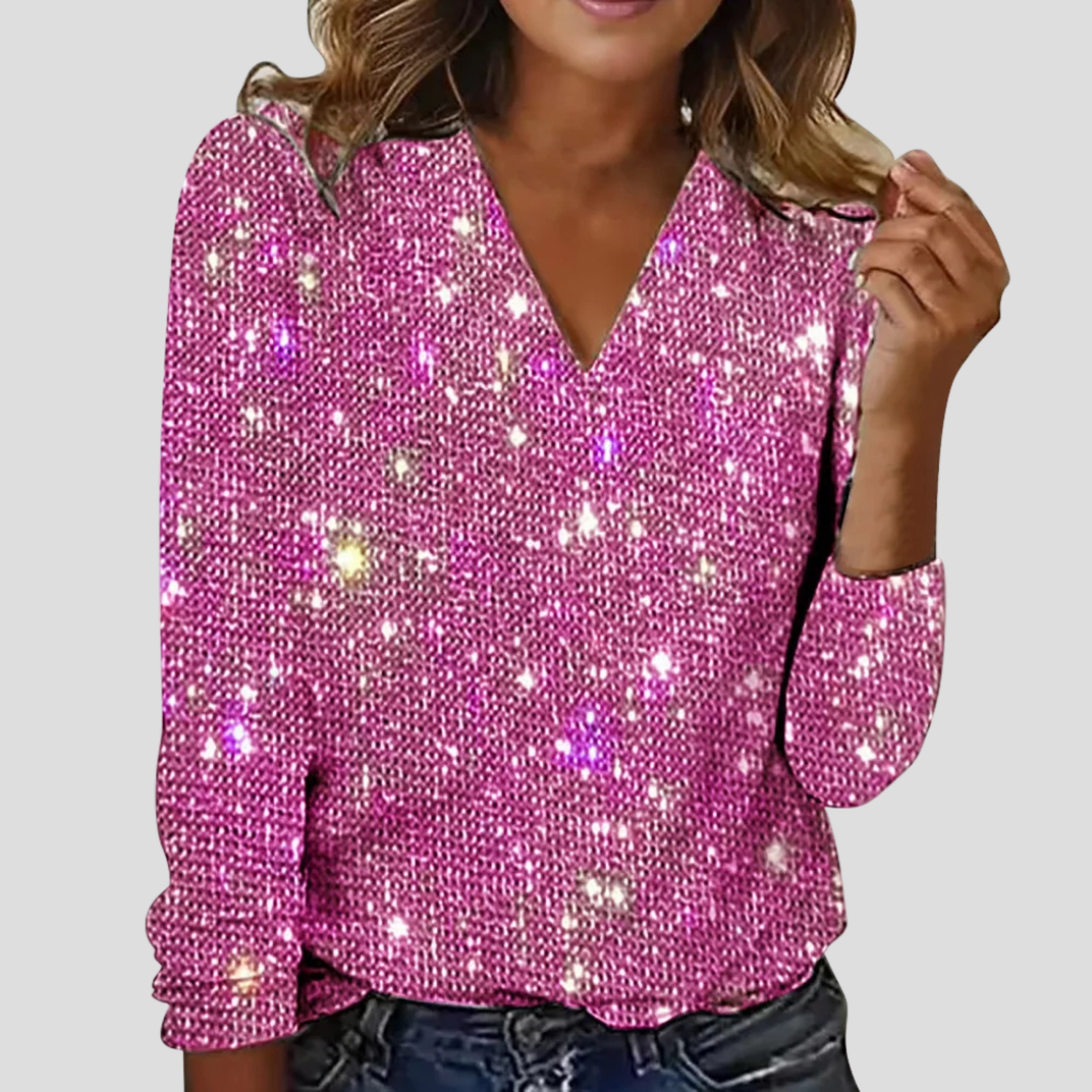 Wearclo | Women's Glitter V-Neck Long Sleeve Blouse