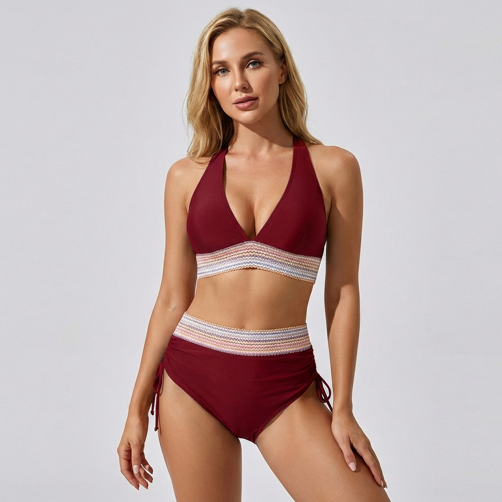 Wearclo | Women's High-Waisted Bikini with Striped Trim
