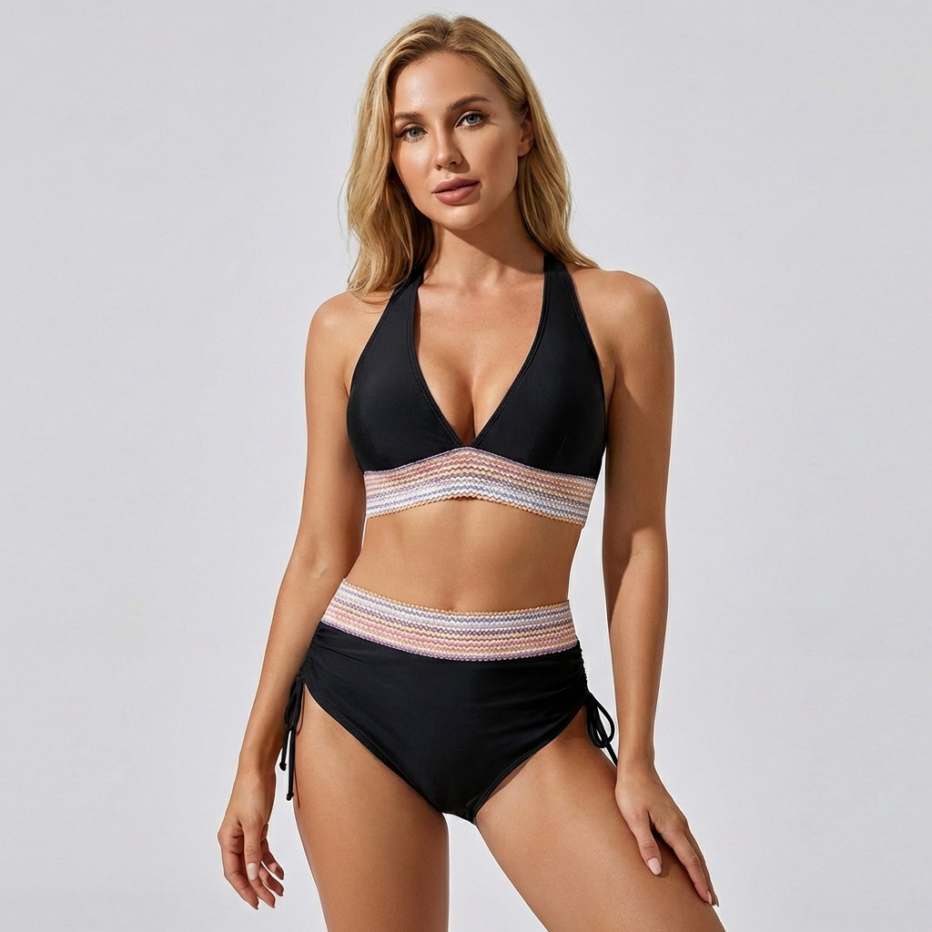 Wearclo | Women's High-Waisted Bikini with Striped Trim