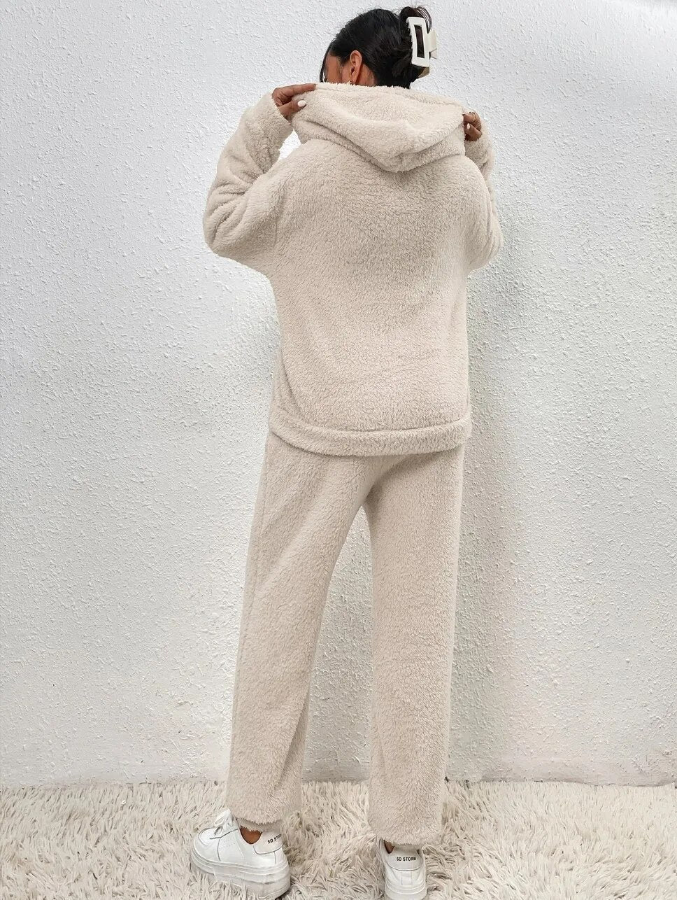 Wearclo | Women's Hooded Loungewear Set Fuzzy Plush Jogger
