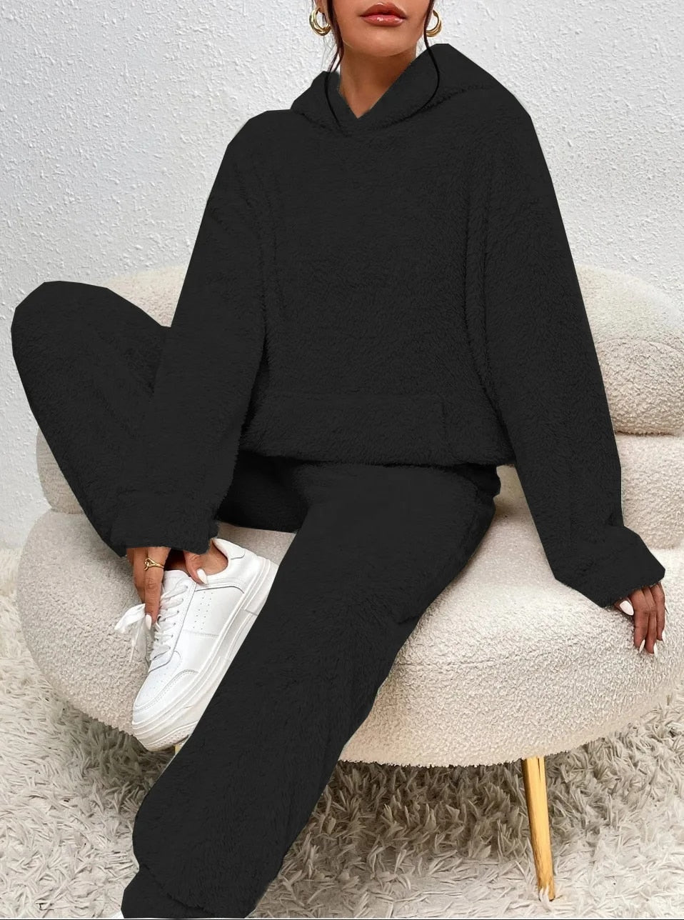 Wearclo | Women's Hooded Loungewear Set Fuzzy Plush Jogger
