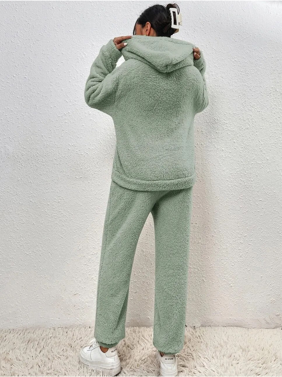Wearclo | Women's Hooded Loungewear Set Fuzzy Plush Jogger