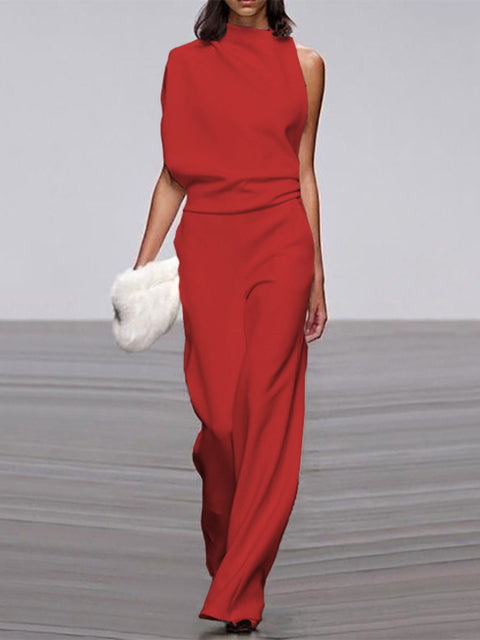 Wearclo Women's Jumpsuit with Round Neckline, Sleeveless and Wide Leg