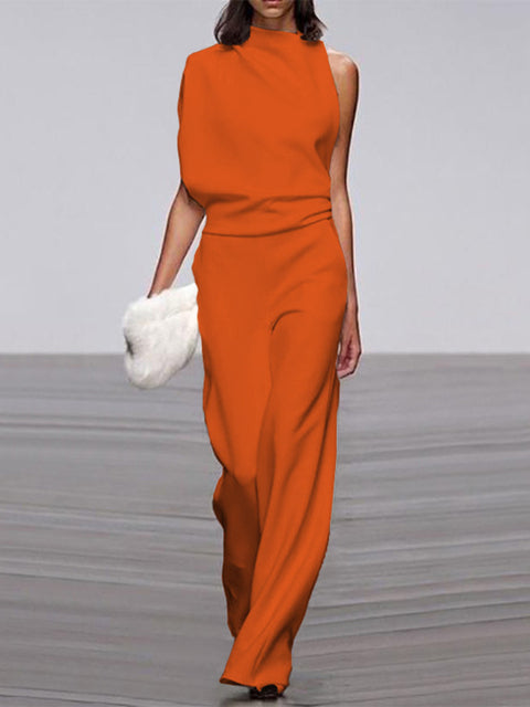 Wearclo Women's Jumpsuit with Round Neckline, Sleeveless and Wide Leg