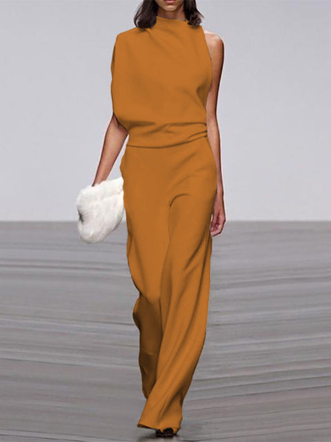 Wearclo Women's Jumpsuit with Round Neckline, Sleeveless and Wide Leg