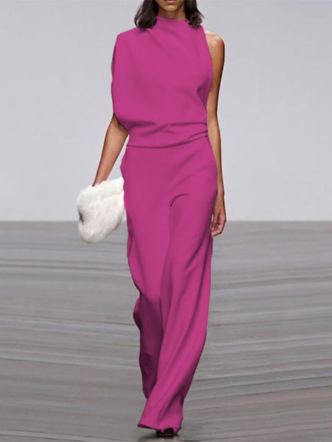 Wearclo Women's Jumpsuit with Round Neckline, Sleeveless and Wide Leg