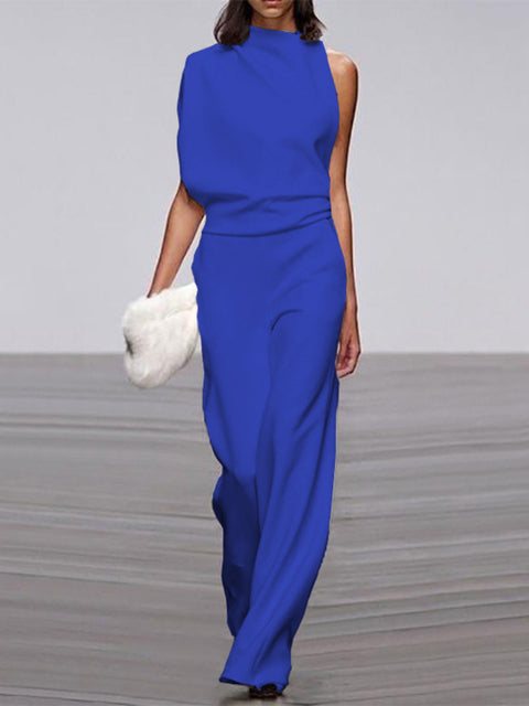 Wearclo Women's Jumpsuit with Round Neckline, Sleeveless and Wide Leg