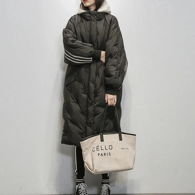 Wearclo | Women's Long Puffer Coat with Striped Sleeves