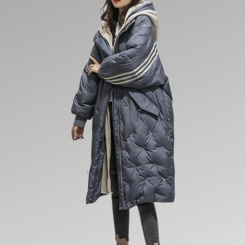 Wearclo | Women's Long Puffer Coat with Striped Sleeves