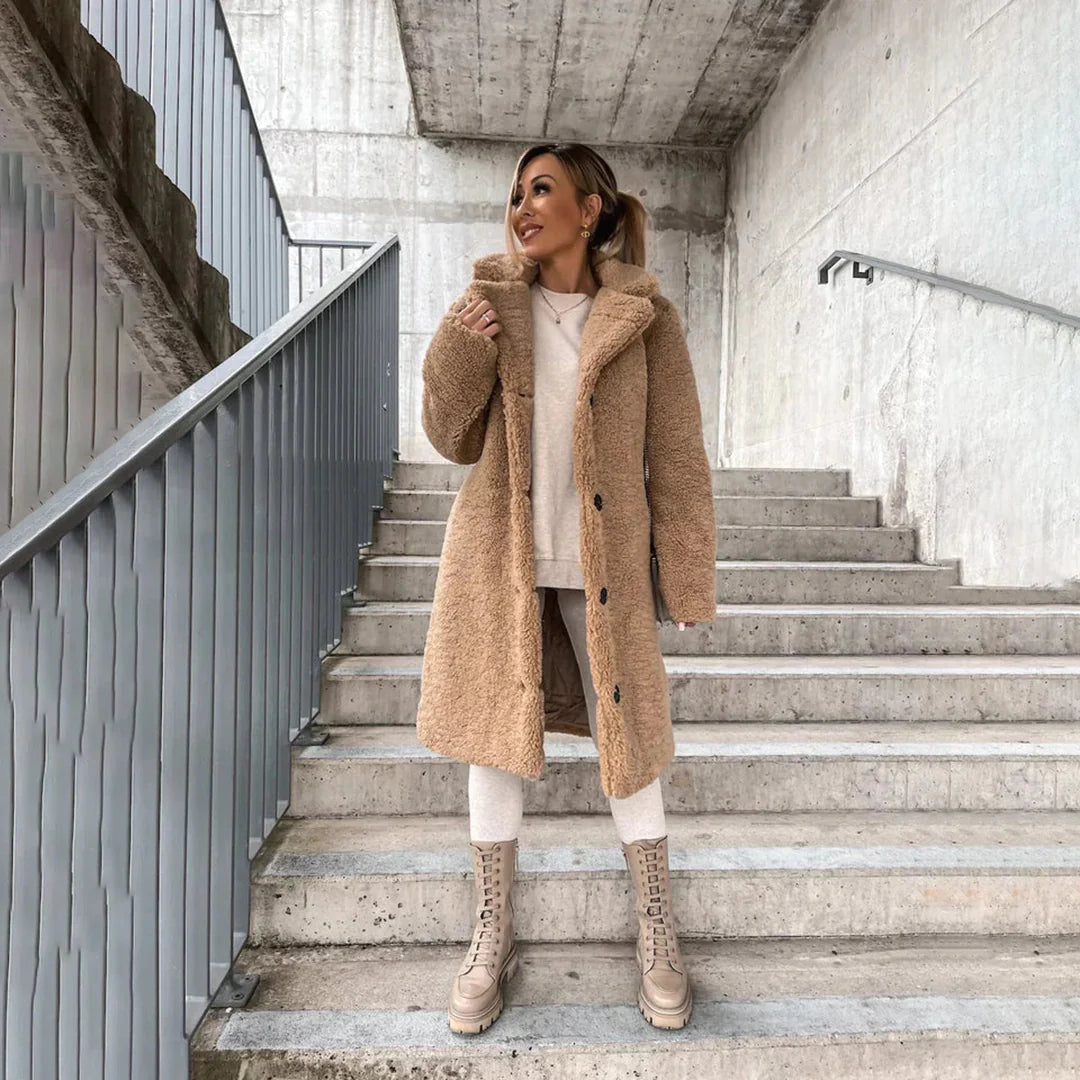 Wearclo | Women's Long Teddy Coat with Lapel Collar