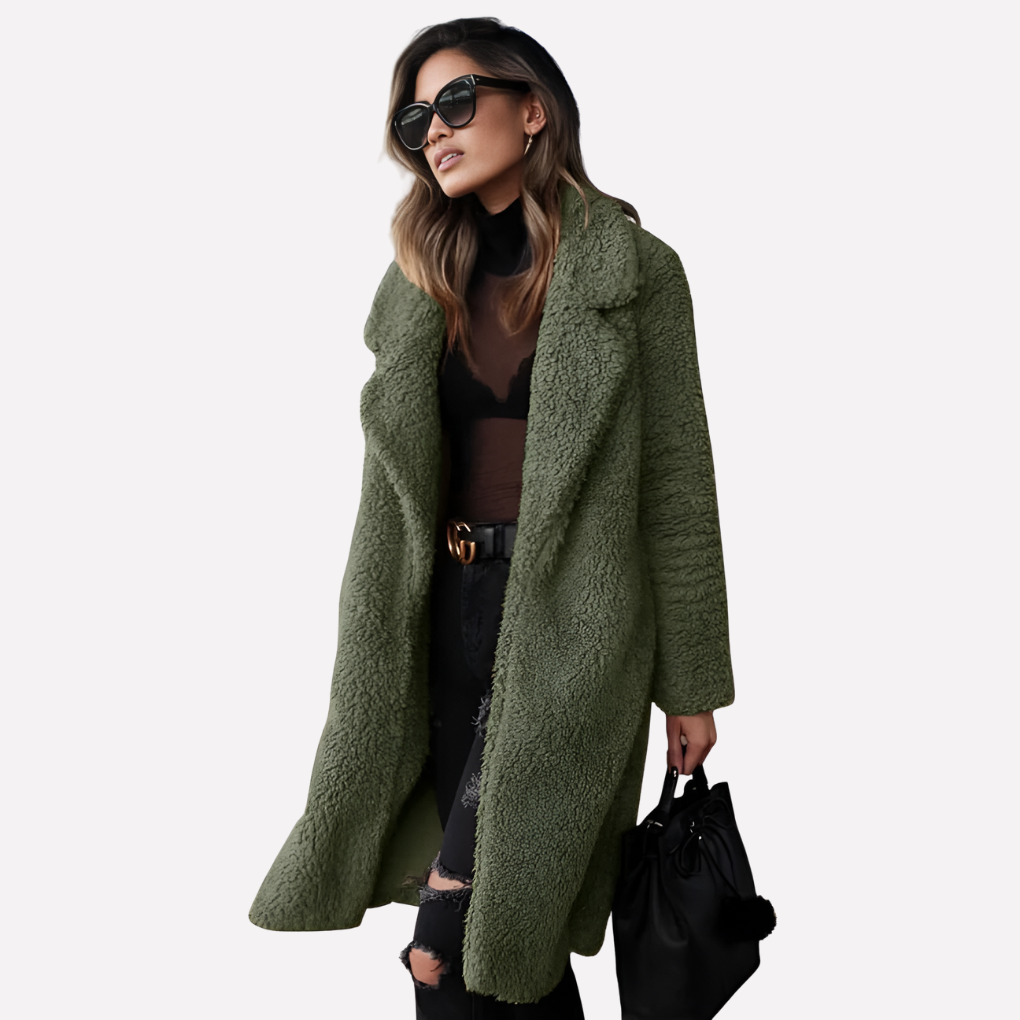 Wearclo | Women's Long Teddy Coat with Notched Collar