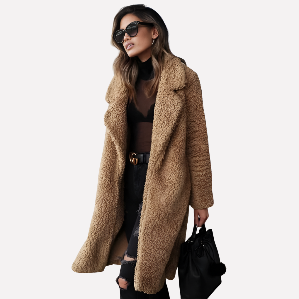 Wearclo | Women's Long Teddy Coat with Notched Collar