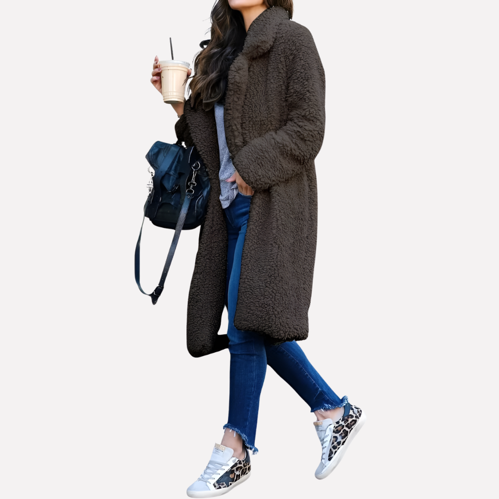 Wearclo | Women's Long Teddy Coat with Notched Collar