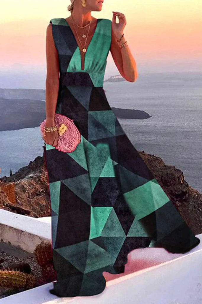 Wearclo | Women's Maxi Dress Geometric Print V-Neck