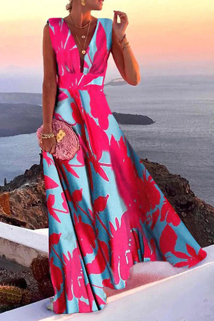 Wearclo | Women's Maxi Dress Geometric Print V-Neck
