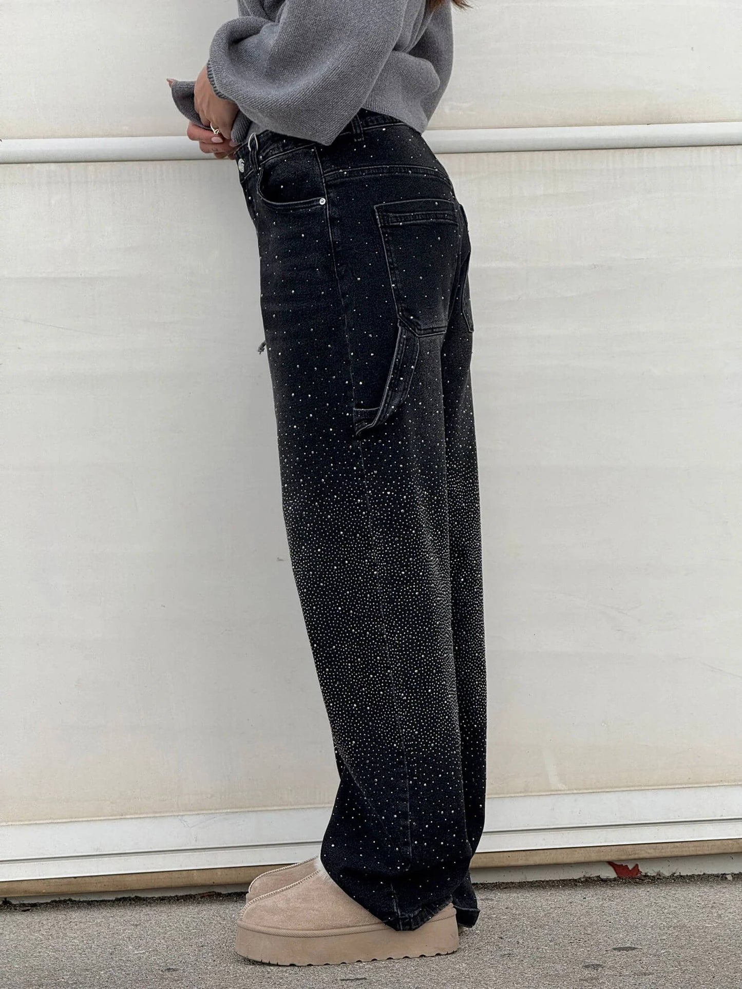 Wearclo | Women's Rhinestone Wide Leg Jeans