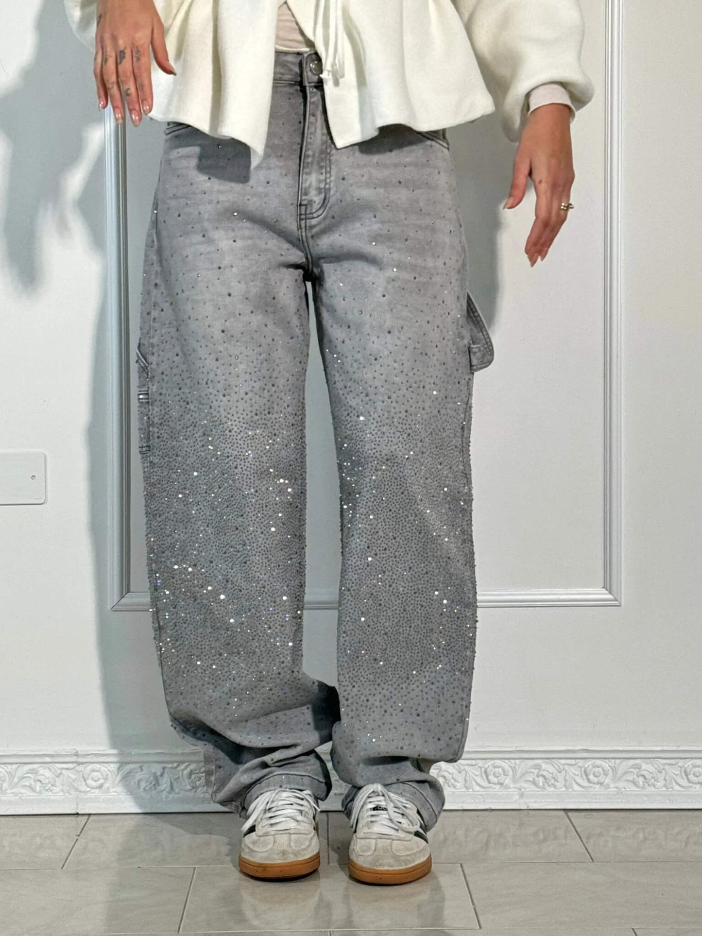 Wearclo | Women's Rhinestone Wide Leg Jeans