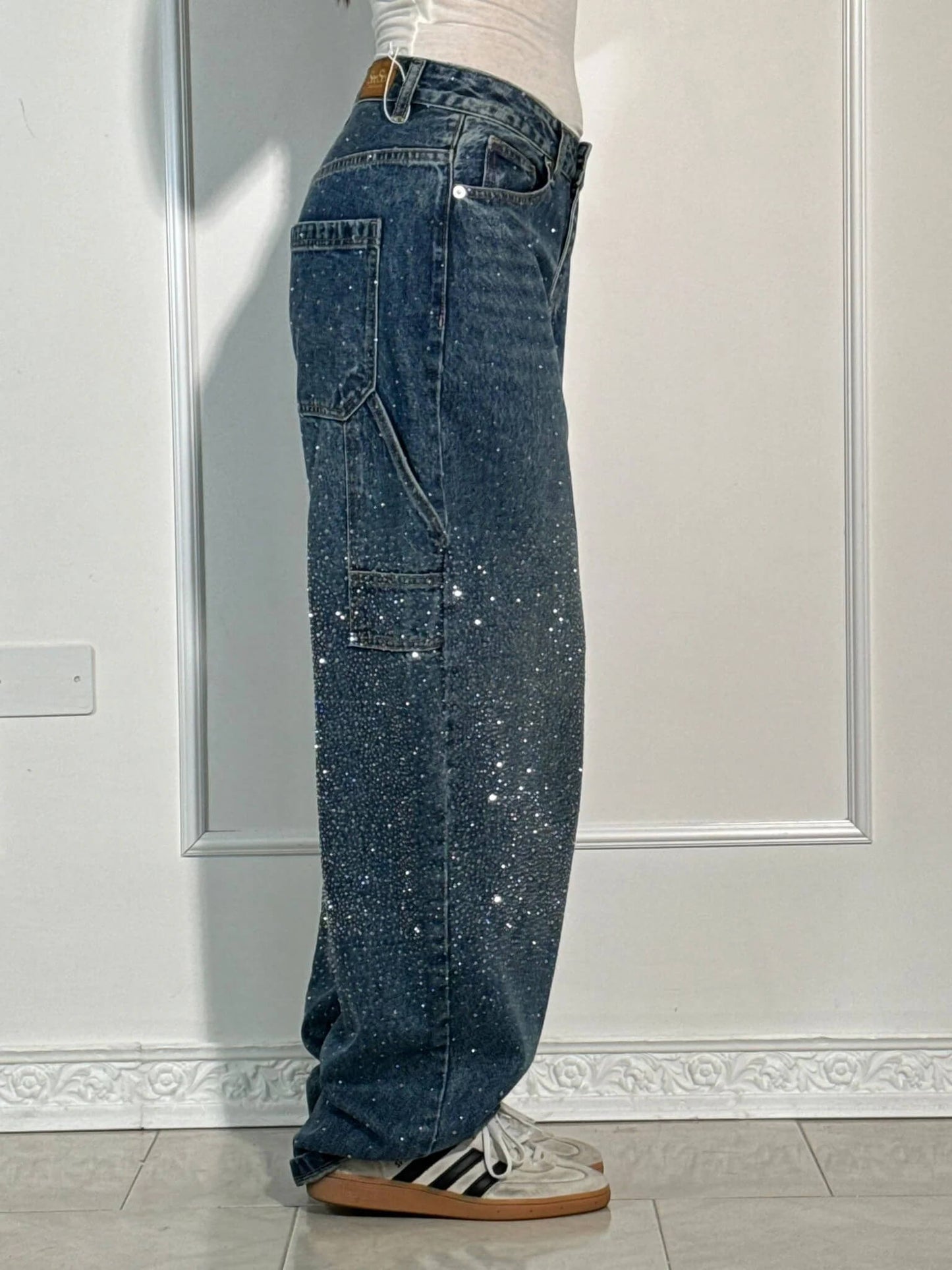 Wearclo | Women's Rhinestone Wide Leg Jeans
